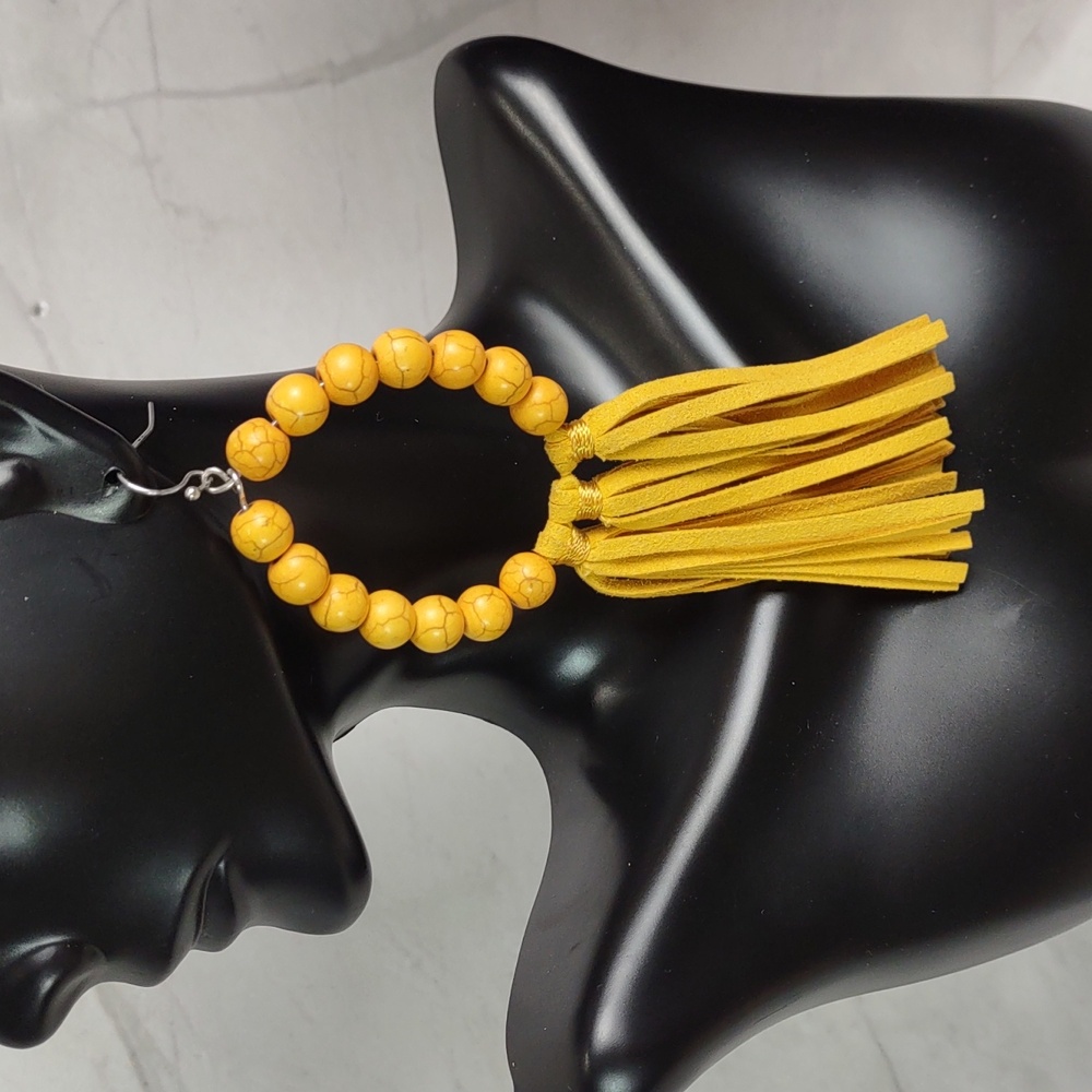Harvest Yellow Howlite Hoop Earrings w/Suede Tassels
